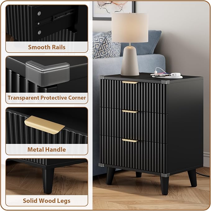 Wood Nightstands Set of 2 w/Charging Station, 3 Drawers Fluted Dresser | Black, Large Drawers, Metal Silent Rails, FSC Wooden, Sturdy Legs, Modern Fluted Panel, Living Room, Bedside Table