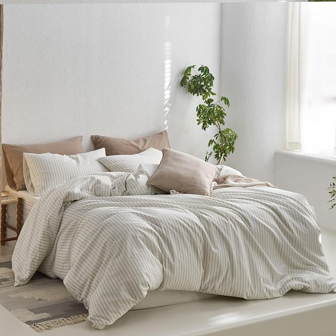MooMee Striped Duvet Cover Set 100% Washed Cotton Linen Like | Relaxed Linen-like Texture. Soft, Breathable & Long-lasting Comfort. Lightweight. Hidden Zipper with 8 Interior Corner Ties
