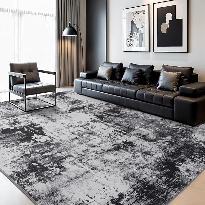 Rugflix 9x12 Area Rugs for Living Room, Washable Black Grey Dark Large Rug | Machine Washable; Stain-Resistant; Low Pile; Non-Slip; Modern Abstract; Carpet for Bedroom Dining Office Nursery Home