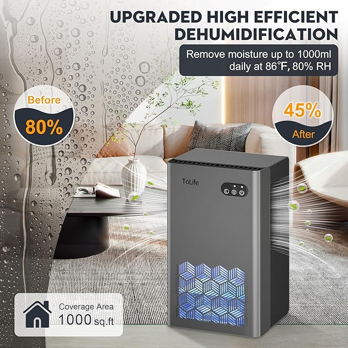ToLife Dehumidifier, 1000 Sq Ft 95 oz Tank with Sleep Mode, Auto Shutoff | Portable for Home, Bedroom, Bathroom and Basement with 7-Color LED Light, Grey