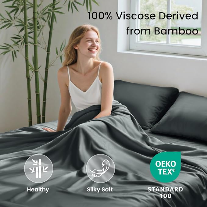Love's cabin 3 Piece Twin XL Sheet Set, 100% Rayon Derived from Bamboo, Cooling & Breathable, Soft Silky Deep Pocket up to 16", Hotel Luxury Bedding for Hot Sleepers, Dark Grey