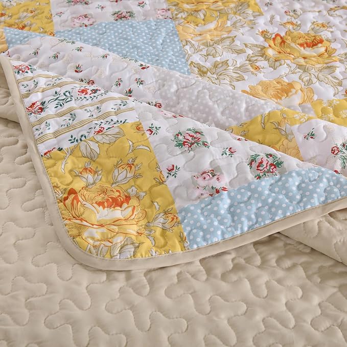 Yellow Patchwork Quilt Set King Size, Rose Floral Plaid Bedspread | 3 Pcs Country Flower Coverlet Set, Soft Lighweight Farmhouse Quilt Bedding Set 3 Pieces for All Season, 110''x90''