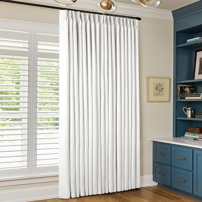 Beige White Pinch Pleated Blackout Linen 92 Inch Long Curtains 60 Inch Wide | 100% Black Out, Memory Trained, Pinch Pleat with Back Tab, Energy Efficient, Thermal Insulated Window Drapes W60xL92 1 Panel