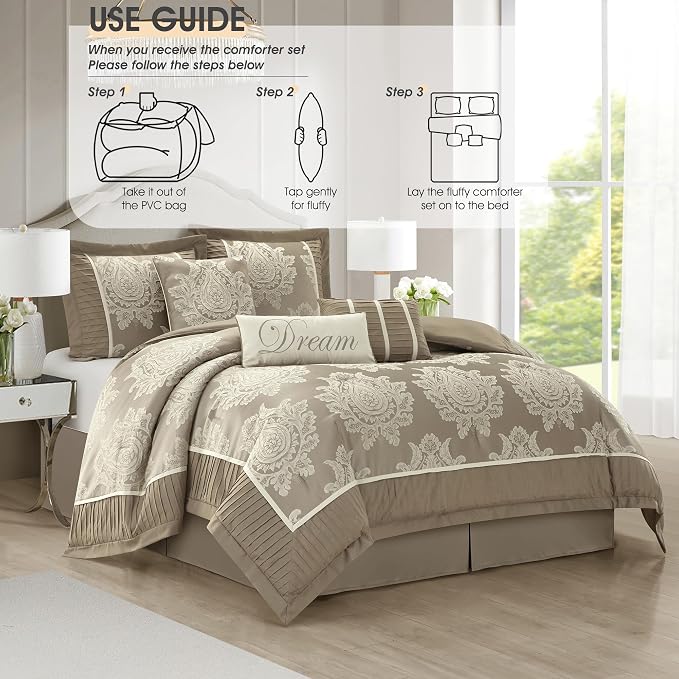 Beige Queen Comforter Set 7 Pieces, Jacquard Woven with Damask, Bedding Set in a Bag Includes Comforter, Bed Skirt, Pillow Shams, and Decorative Pillows