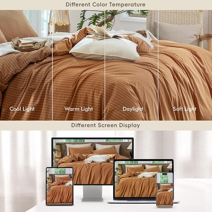 MooMee Striped Duvet Cover Set 100% Washed Cotton Linen Like King | Relaxed Linen-like Texture. Soft, Breathable & Long-lasting Comfort. Lightweight. Hidden Zipper with 8 Interior Corner Ties
