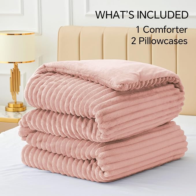 BEDELITE Fleece Oversized Queen Comforter Set, Fluffy Bed Set, Dusty Pink | Super Soft & Warm Bedding, Luxury Fuzzy Faux Fur Comforter for Winter, Heavy Plush Bedding, with 2 Pillowcases