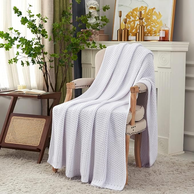Chunky Cable Knit Throw Blanket Lightweight White 100% Organic Cotton Blanket for Sofa Couch Bed Baby Nursery, Rustic Shabby Chic Modern Farmhouse, Pure White 60” x 80” Give Laundering Bag