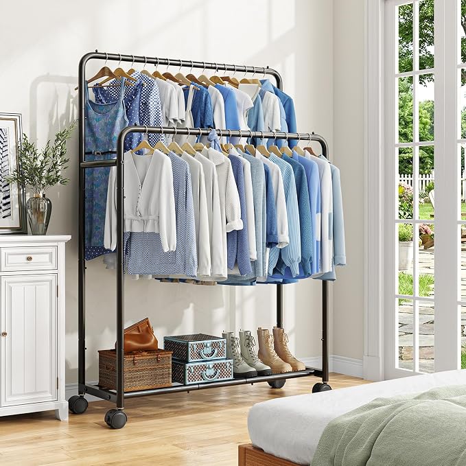 Simple Trending Clothing Clothes Rack, Double Rod Garment Rack, Black | Portable Closet with Bottom Shelf, Anti-Slip Stoppers, 360° Lockable Wheels, Multiple Uses, Bedroom, Laundry Room