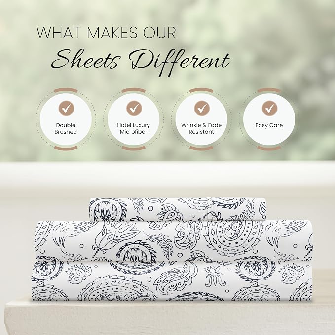 Linen Market Double-Brushed Patterned Microfiber Twin Sheet Set 3 Piece – Oeko-TEX Certified Ultra Soft & Wrinkle-Free - 16" Deep Pocket Sheets - Easy Care Twin Size - Coarse Paisley Navy