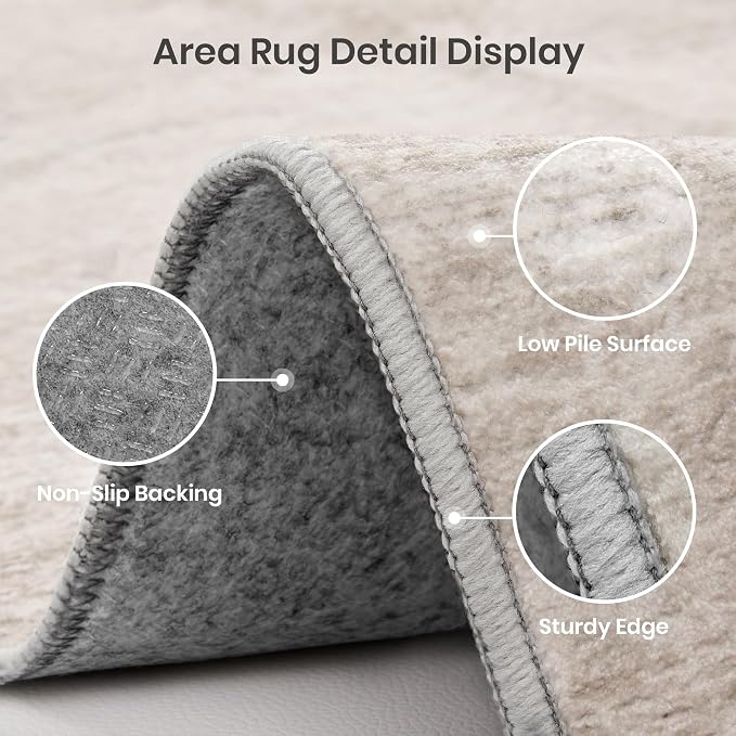 8x10 Area Rugs for Living Room, Large Washable Rug Non Slip, Beige | Soft Low Pile, Thin & Lighweight Carpet, Folable Stain Resistant Modern Indoor Floor Mat for Bedroom, Dining Room, Home Decor