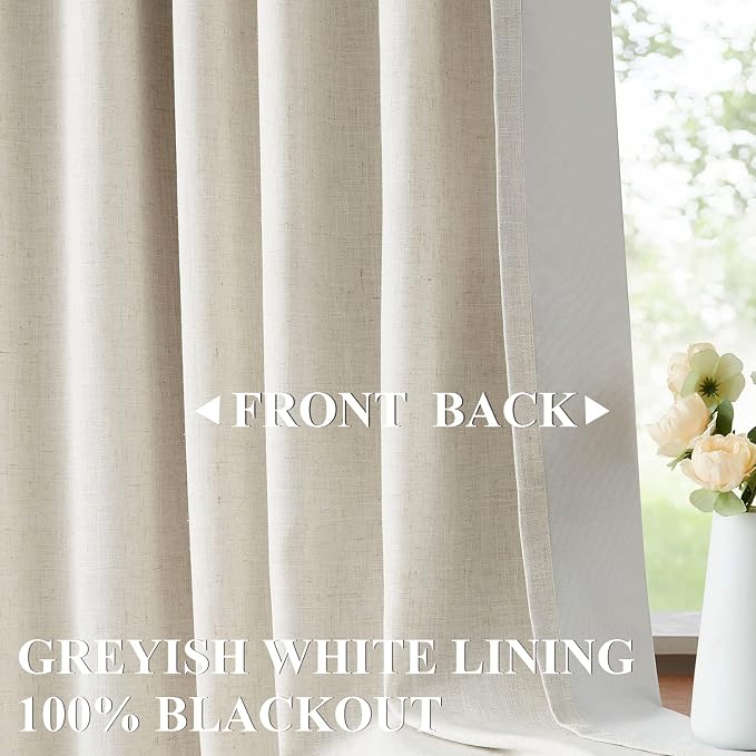 Vision Home Natural Pinch Pleated Full Blackout Curtains Linen Blended Room Darkening Window Curtains 112 inch for Living Room Bedroom Thermal Insulated Pinch Pleat Drapes with Hooks 40" Wx112 Lx2