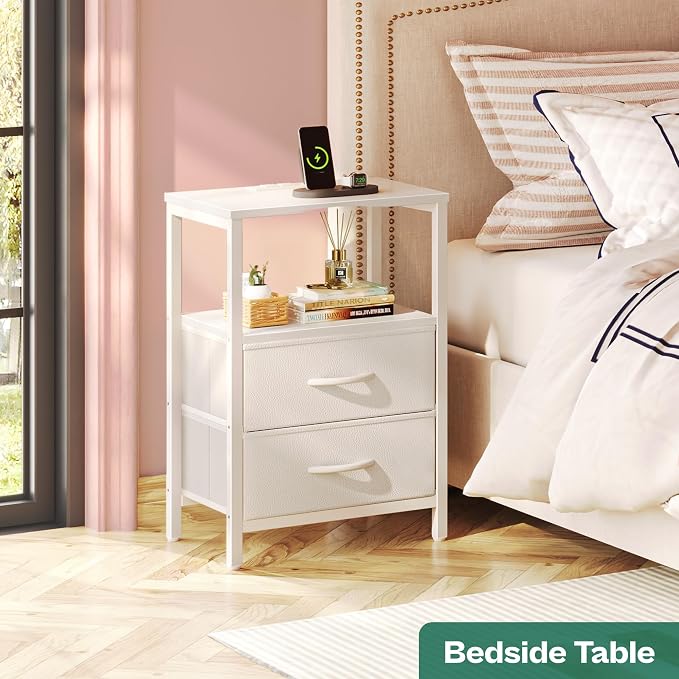 Huuger Nightstand with Charging Station, Side Table with Fabric Drawers | End Table with Open Shelf, Bedside Table with USB Ports and Outlets, Night Stand for Bedroom, Bed Side Table, White