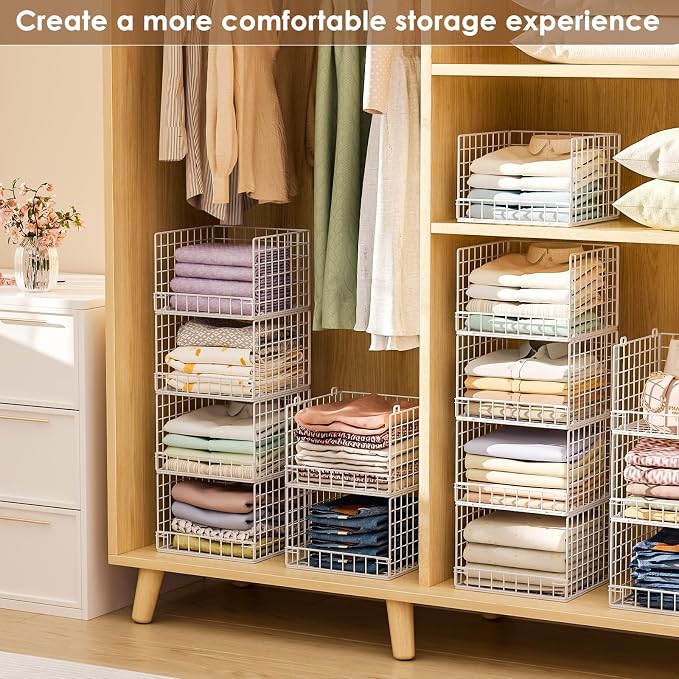 4-Tier Stackable Closet Organizers and Storage Baskets, Closet Shelf Organizer, Space-Saving Clothes Storage Drawer, Foldable Clothes Storage Bins for Closet Organizer System, White(Patent 30022416)