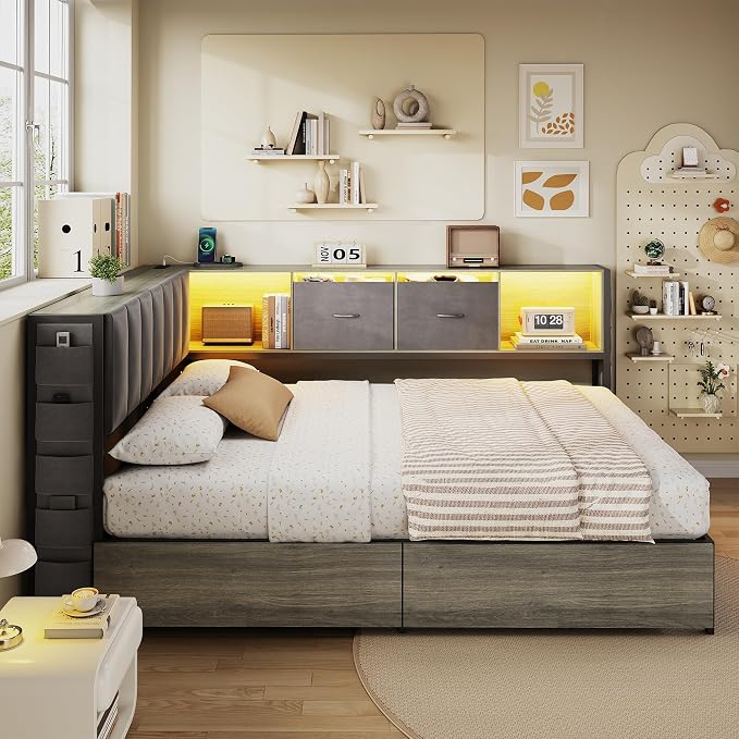 MapleGrace Full Corner Bed Frame with Upholstered Storage Headboard and Drawers, Metal Platform Bed Frame with LED Light and Charging Station, Full Daybed for Living Room, Bedroom & Guest Room, Gray
