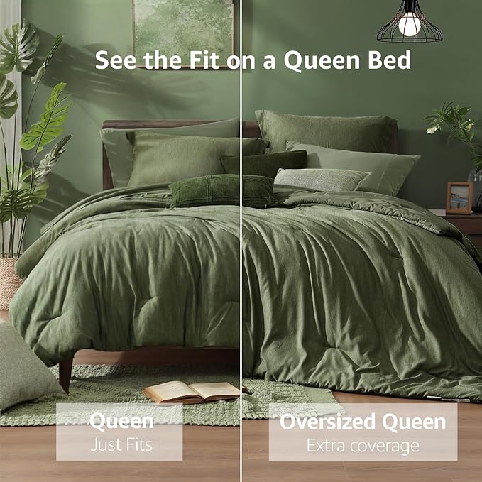 Monbix Queen Comforter Set 7 Pieces Cationic Green Bed in a Bag | Cationic Dyeing Reversible All Season Bedding Sets with Comforter, Sheets, Pillowcases & Shams