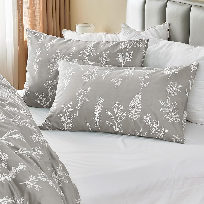 MUXHOMO Duvet Cover King Size, Reversible Floral Silver Gray Duvet Cover Set with Zipper Closure, 3 Pieces Botanical Patterns Soft Microfiber Bedding Set with 4 Ties (90"x104", 2 Pillow Cases)