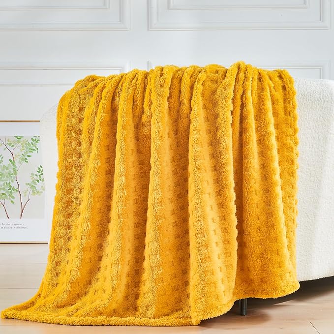 NEWCOSPLAY 3D Waffle Checkered Flannel Queen Blanket, Yellow, 90"x90" | Super Soft Cute Lightweight Decorative Premium Silky Fleece Blanket for Couch Sofa Bed, Gift for Women Men, All Season Use