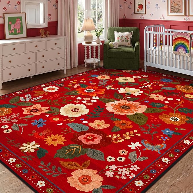 Floral Washable 8x10 Area Rugs Red/Orange | Flower Carpet, Print, Boho, Non-Slip, Easy to Clean, Soft, Low Pile for Living Room Bedroom Kitchen Office Entryway Hallway