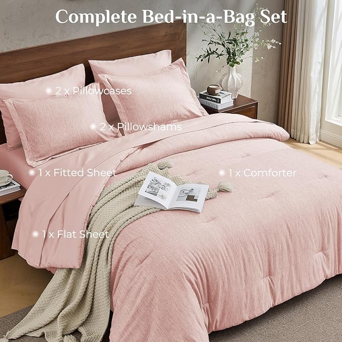 JOLLYVOGUE Rose Pink Queen Comforter Set, Cationic Dyeing Bed in a Bag Queen 7 Pieces, Double-Tone Bedding Set with Down Alternative Comforter, Sheets, Pillowcases & Shams
