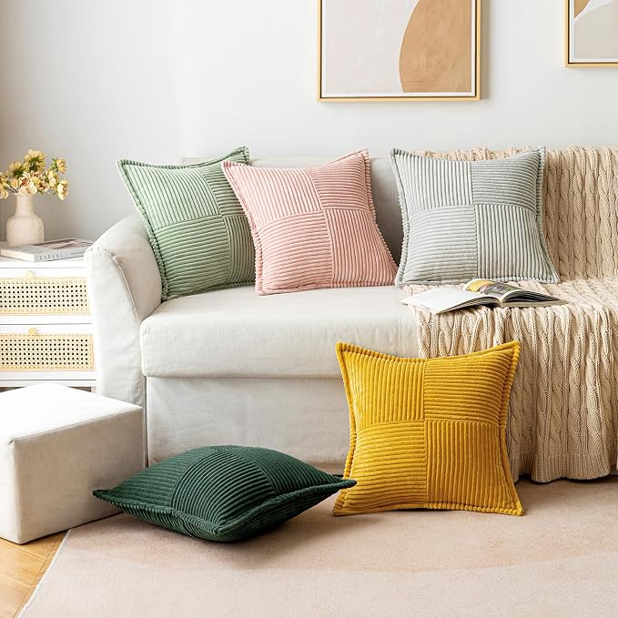 MIULEE Decorative Throw Pillow Covers for Couch 18x18 Inch Dark Green | 2 Pack, Boho Broadside Striped Patchwork Pillow Covers, Soft Corduroy Cushion Cases, For Sofa Bed Livingroom Home Decor