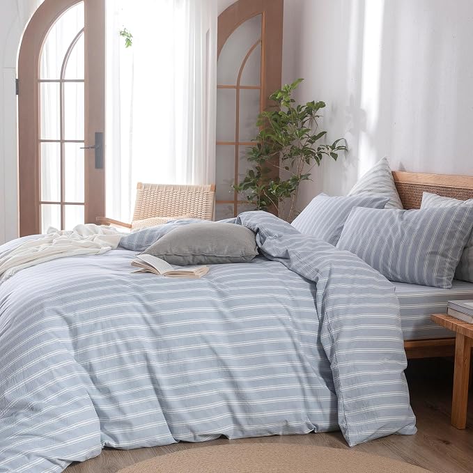 BESTOUCH Striped Cotton Duvet Cover Set Linen Feel Oversized Full | 100% Washed Cotton, Soft Wrinkle Texture, Hidden Zipper, 8 Ties, Breathable Lightweight Durable Comfy, 3 Pcs No Insert