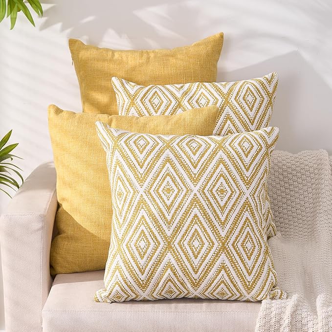 HPUK Throw Pillow Covers 20x20, 4 Pack, Ochre Textured Couch Pillow Covers | Polyester fabric, patterned and solid designs, hidden zippers, machine washable, for sofas and beds, inserts not included