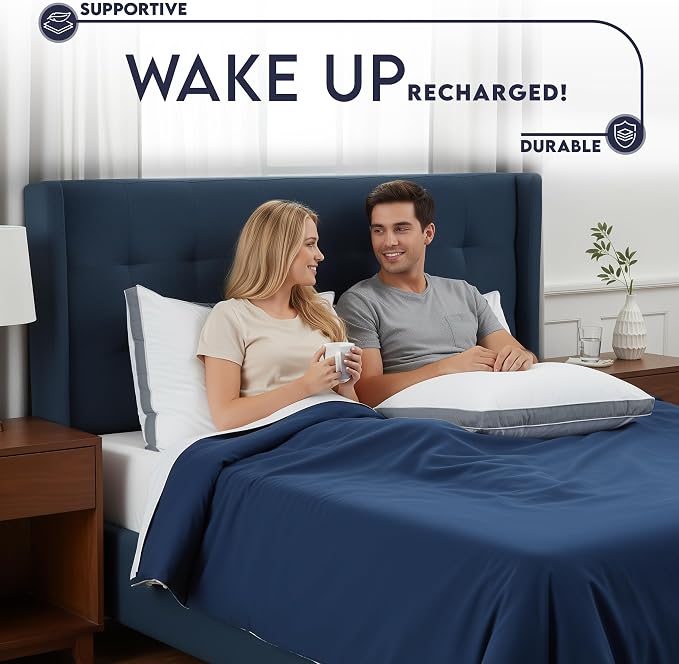 Utopia Bedding Gusset Bed Pillow, Hotel Pillows Queen Size Set of 2, Grey | Cotton Blended Down alternative pillows for sleeping, soft fluffy cooling comfort for Back, side & stomach sleepers, 2 pack