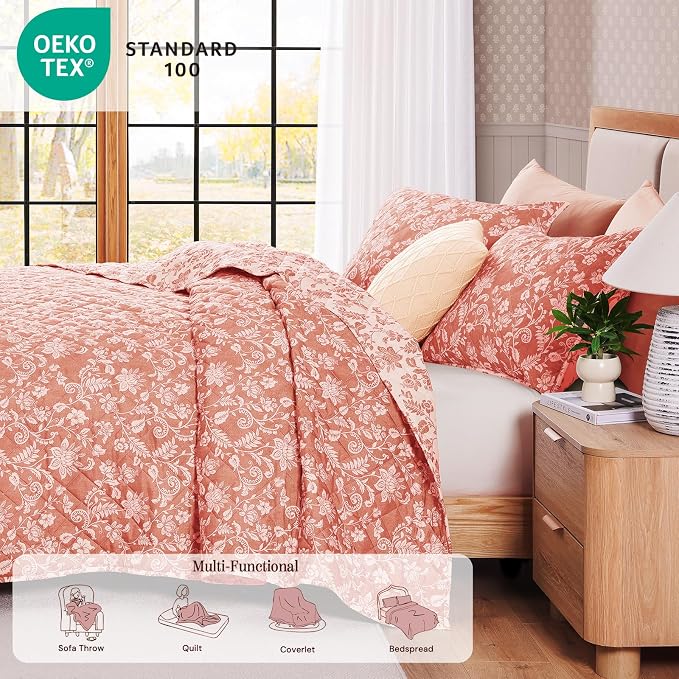 BLOOMHAVEN King Quilt Set-3 Pieces Soft Bedding Floral Reversible Coverlet | All Seasons Lightweight Quilts Queen Size for Bed, Breathable Vintage Bedspread with Shams, Clay Pink