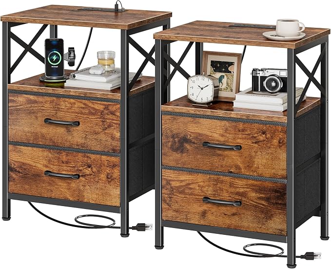 Huuger Nightstand Set of 2 with Charging Station, USB-C Port, End Tables | Night Stand with 2 Drawer Side Table with Open Shelf, Bedside Table for Small Spaces, X Shaped Side Rail, Rustic Brown