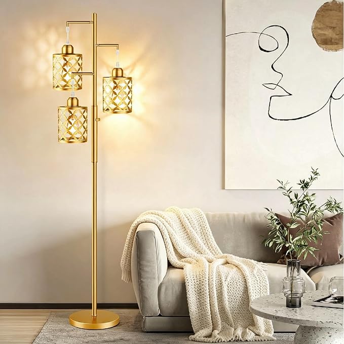 72" Modern Tree Floor Lamp, Dimmable Industrial Tall Standing Lamp with Metal Cages & Rotary Dimmer Knob, Corner Decor Lighting for Living Room Bedroom Cafe, 3 x 800LM Bulbs Included - Gold