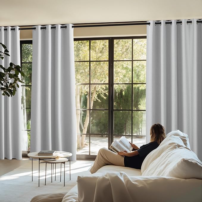 NICETOWN 100% Blackout Linen Curtains for Living Room 2 Panels, Greyish White, W52 x L90 per Panel, Noise Reducing Crisp Structured Faux Linen Curtains for Classroom, Home Office