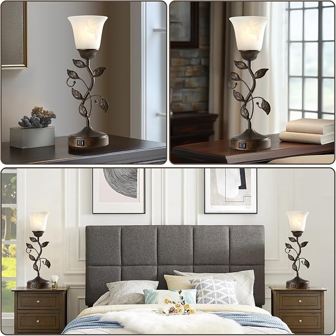 Set of 2 Touch Farmhouse Bedroom Table Lamps 2 USB C+A | Nightstand Vintage Flower Lamps, 3 Way Dimmable Leaf Lamp for Living Room with White Glass Shades, Bulbs Included