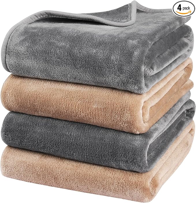 Onarway Dog Blanket Washable for Puppy: 4 Packs Dog Blankets 28”x20” | Fluffy Soft Small Throw for Cat Puppy Kitten Dogs - Fleece Pet Blankets for Bed Sofa Car and Indoor - Grey and Khaki