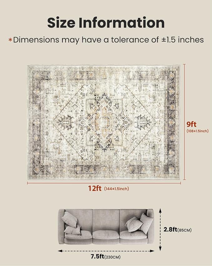 AMADA HOMEFURNISHING Washable Area Rug, Low-Profile Large Area Rug with Non-Slip Backing & Durable Edge Binding, Vintage Large Rugs for Living Room, Bedroom, Dinning Room, 9x12, Grey/Beige