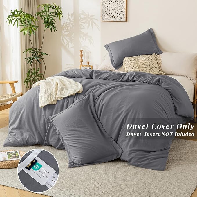 MILDLY Duvet Cover Queen Ultra Soft Comforter Cover Set 3pcs, Dark Grey | Washed Microfiber Cotton-Like, Breathable Comfort, Hidden Zipper, Corner Ties, OEKO-TEX Certified, Fade Resistant