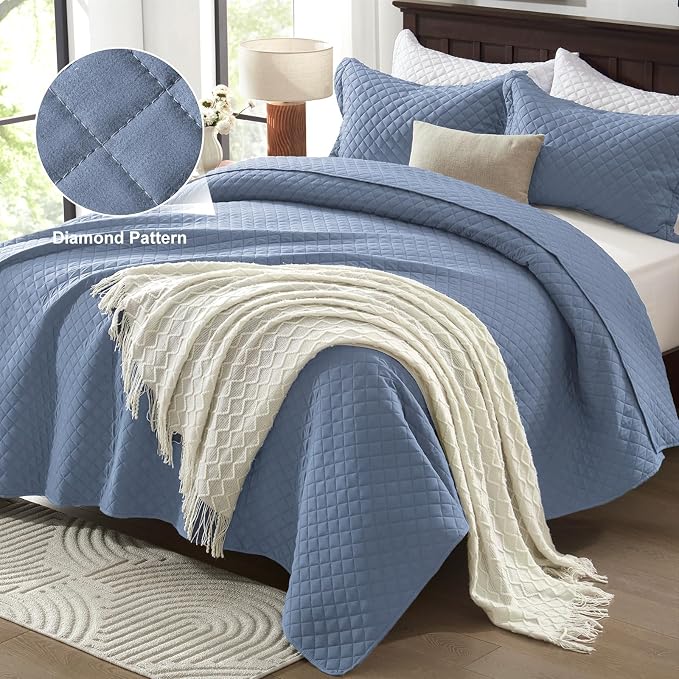 SunStyle Home Queen Quilt Bedding Set, Lightweight Summer Bedspreads,Blue | Soft Coverlet With 2 Pillow Shams,Morden Style Quilts for All Season, Suitable for Bed,Couch,Bedroom,Guest Room,90"X96"