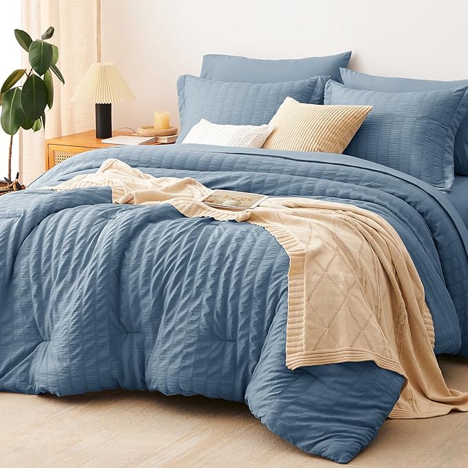 Oversized Queen Seersucker Comforter Set, Grayish Blue, 98 x 98 in | OEKO-TEX Certified, 7 Pieces Bed in a Bag with 240 GSM Down Alternative Comforter, Flat & Fitted Sheets, Pillowcases & Shams