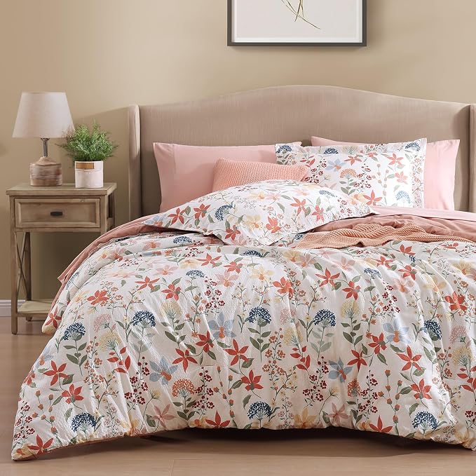 Full Size Comforter Sets - 7 Pieces Floral Bed in a Bag Full Bedding Set | Clay Pink Botanical Flowers Comforter Set with Sheets, Pillowcases & Shams for All Seasons