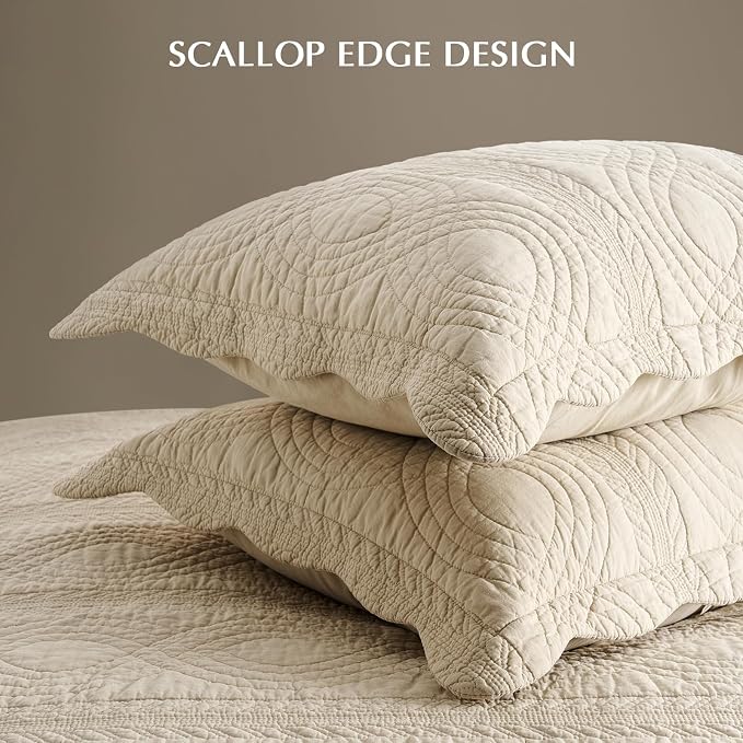 100% Cotton Scallop Quilt Set, King Size, Flax Beige | Scalloped Border, Timeless Chic Aesthetic, All-Season Comfort, Perfect French Country Bedroom Decor, 3 Piece Set with 2 Shams