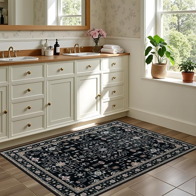 2x3 Area Rugs Living Room: Washable Vintage Rug for Bedroom Black | Boho No Slip Stain Resistant Rug Soft Indoor Decor Floor Floral 2x3 Area Rugs for Dining Room, Nursery, Hallway, Home Office