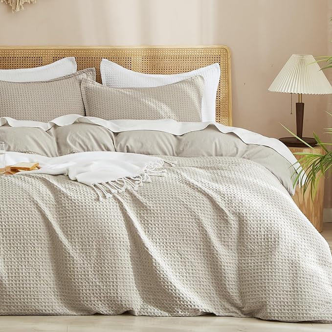PHF Waffle Duvet Cover Twin/Twin XL, Soft & Breathable, 68"x90", Linen | 300GSM Fabrie，No Snagging Textured Honeycomb Comforter Cover for All Season 3pcs, Durable Bedding Duvet Set, Home Decor Gift