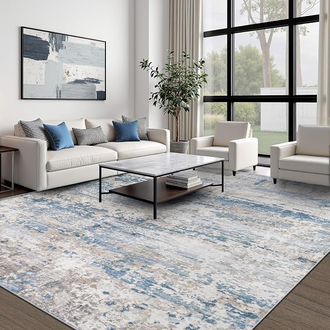 pmtsns Area Rugs 9x12 for Living Room: Washable Rug Modern Abstract Neutral Soft Non-Slip Low-Pile Indoor Large Carpet for Bedroom Dining Room Playroom Home Office (Light Blue Brown, 9'x12')