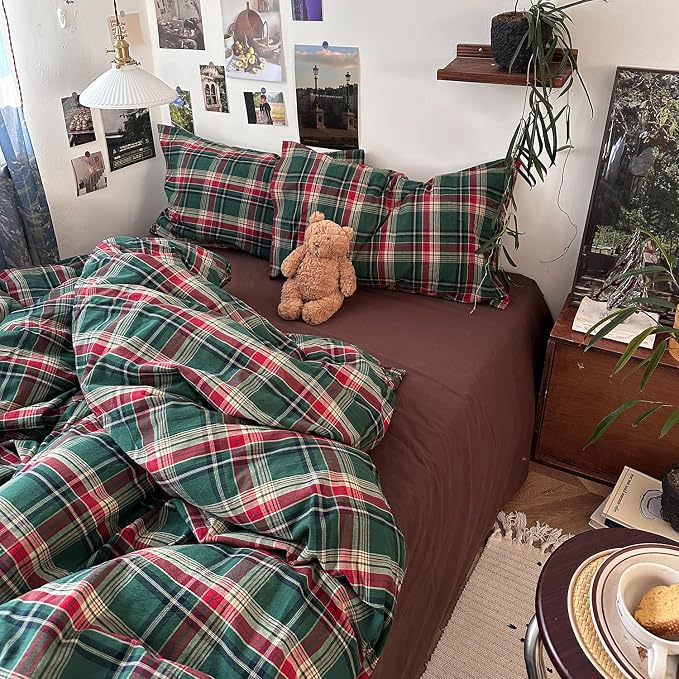 mixinni Vintage Green Buffalo Plaid Washed Cotton Duvet Cover Queen - Soft Breathable Textured Bedding Set with Zipper Closure for All Seasons-1 Duvet Cover + 2 Pillow Shams-Queen Size
