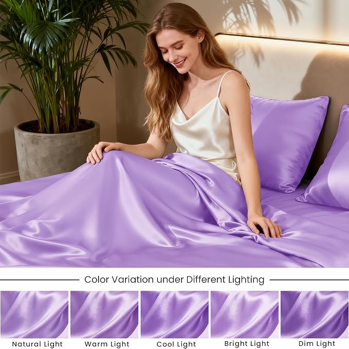 Love's cabin Twin Satin Sheets Sets - 3 Piece Lavender Silky Bed Sheets with Deep Pockets, Luxury Silk Feel Satin Twin Size Sheet Set Bedding Set (1 Flat Sheet,1 Fitted Sheet,1 Pillow case)