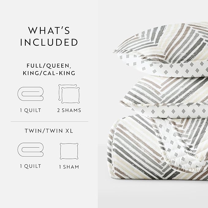 Merit Linens Soft Quilt Coverlet Bedding Set - Reversible Patterns - King/Cal-King Light Gray