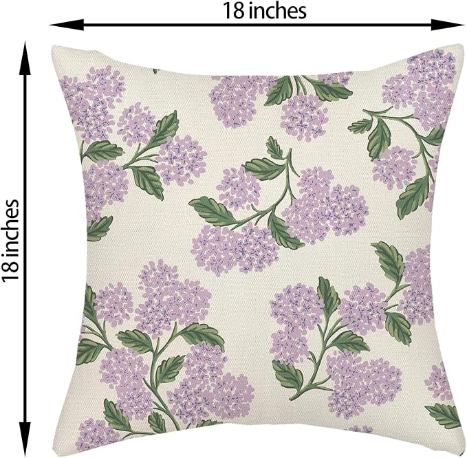 Purple Pink Spring Pillow Covers 18x18 Inch 2 Pcs Green Hydrangea Flower Decor Throw Pillows Vintage Floral Seasonal Summer Outdoor Decoration Pillowcase Linen Cushion Cover for Couch Sofa
