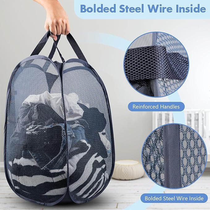 Pop Up Laundry Hamper, 70 L Collapsible Mesh Basket with Side Pocket, Blue | Reinforced handles, breathable fabric, foldable, portable for dorm college travel camping cruise, dirty clothes, toys storage