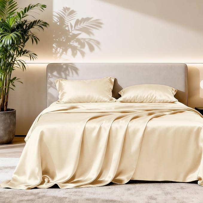 Love's cabin Twin Satin Sheets Sets - 3 Piece Beige Silky Bed Sheets with Deep Pockets, Luxury Silk Feel Satin Twin Size Sheet Set Bedding Set (1 Flat Sheet,1 Fitted Sheet,1 Pillow case)