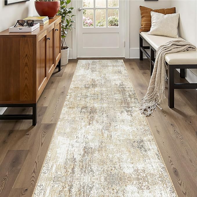 RELEANY Washable Runner 2'x10' Abstract Area Rug for Hallway Neutral Brown | Carpet for Kitchen, Entryway, Bathroom, Living Room, Bedroom, Printed Pattern, Non‑Slip, Soft, Stain‑Resistant, Easy to Clean