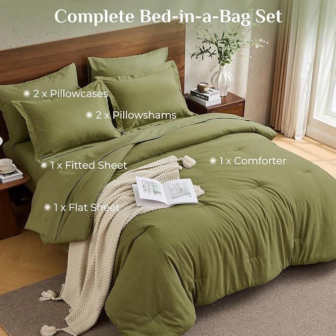 JOLLYVOGUE Olive Green Full Comforter Set, Cationic Dyeing Bed in a Bag Full 7 Pieces, Double-Tone Bedding Set with Down Alternative Comforter, Sheets, Pillowcases & Shams